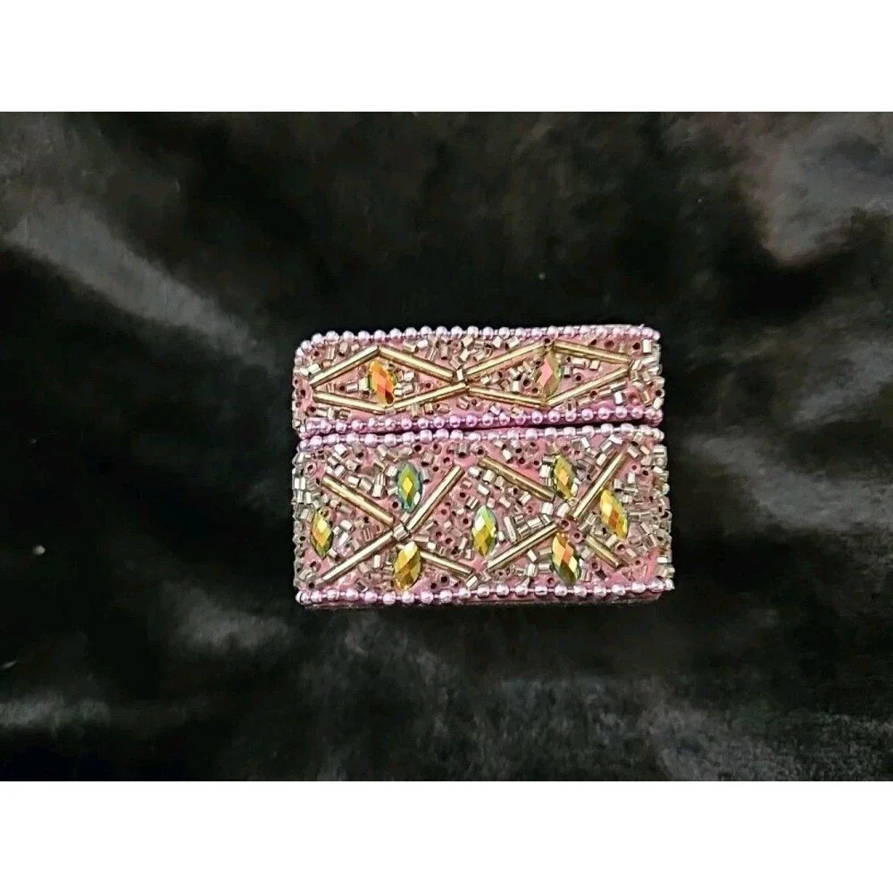Cute Vintage Look Painted Beaded Trinket Box With Cat Image And Wooden Inside